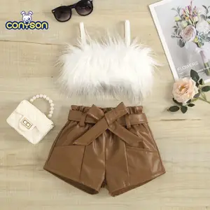 Conyson Summer Children Girls Feather Clothing Sets gilet di pelliccia soffice senza maniche + pantaloncini con cintura in pelle PU 2 pezzi abiti Casual