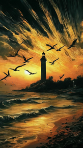 Faro costiero stampa pittura arte della parete con gabbiani che volano sopra la spiaggia del tramonto paesaggio decorazioni murali - Product Image 5