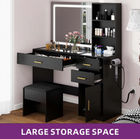 Coiffeuse de maquillage 45.2 ''avec miroir éclairé par LED et tabouret de rangement Coiffeuse en verre trempé Bureau de coiffeuse élégant et robuste