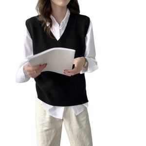 Nouveau Gilet <span class=keywords><strong>Tricot</strong></span>é en Gros Col V <span class=keywords><strong>Sans</strong></span> Manches Pullover Ample et Polyvalent Couleur Unie RS165 - Product Image 1