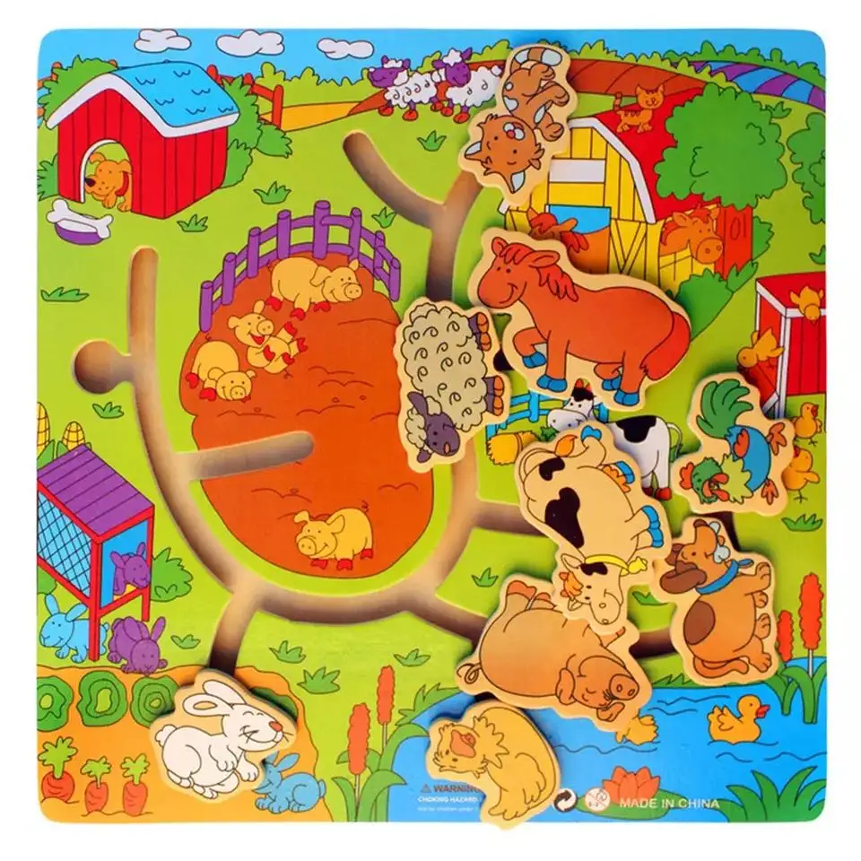 High Quality Colorful Wooden Cartoon Animal Maze Toy Maze Puzzle Toy Logical Thinking Training Kids Educational Toys