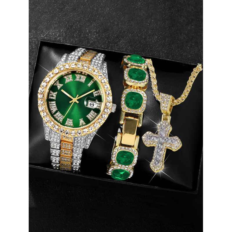 Montre or-argent-vert + bracelet en or + collier
