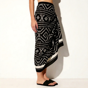 Falda maxi de mezcla de algodón con estampado geométrico y lazo lateral, ropa de playa para mujer - Product Image 1