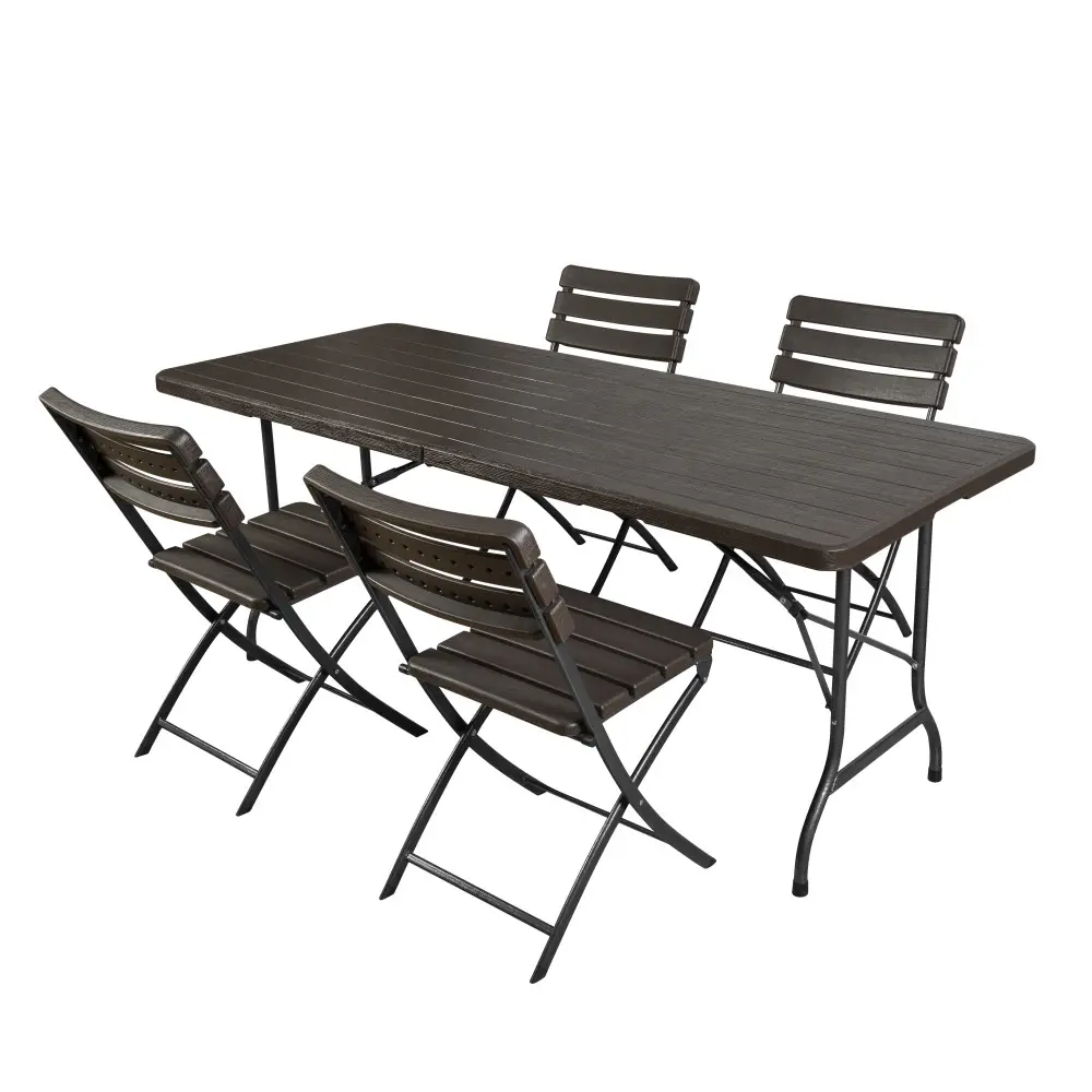 180Cm kahverengi HDPE katlanır plastik ahşap görünümlü bahçe yemek masaları ve sandalye seti