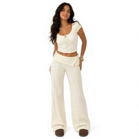 Ensemble pull deux pièces décontracté en maille torsadée pour femme avec logo personnalisé, haut court boutonné et pantalon large pour l'automne-hiver