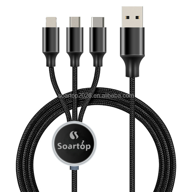 Factory Price Nylon Braided Promotional Gift Multi USB Charging Cable 3 in 1 USB Cord With Custom LOGO LED Light