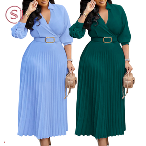 <span class=keywords><strong>Vestidos</strong></span> Casuales Modernos C8622 para <span class=keywords><strong>Mujer</strong></span>, Elegantes <span class=keywords><strong>Vestidos</strong></span> Largos con Cuello en V y Pliegues, Vestido de Oficina para <span class=keywords><strong>Mujer</strong></span> con Cinturón - Product Image 1