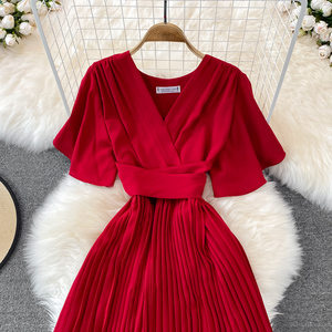 Short Sleeve V-neck Solid Pleated <strong>Dress</strong> Draped <strong>Chiffon</strong> High Waist Maxi <strong>Dress</strong> Ladies <strong>Casual</strong> <strong>Dress</strong> Clothes Women Wholesale - Product Image 4