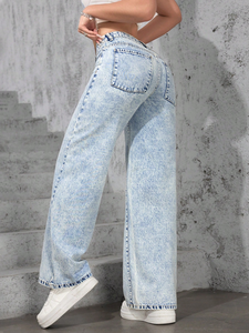Pantaloni Casual a vita media pantaloni larghi Denim ragazze Jeans stile fidanzato semplice tessuto - Product Image 2