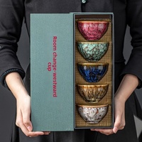 Ensemble de tasses à thé Jianzhan de luxe BAMBUS 5 pièces - Bols à thé Kung Fu à glaçure réactive multicolores pour la décoration de la table zen japonaise
