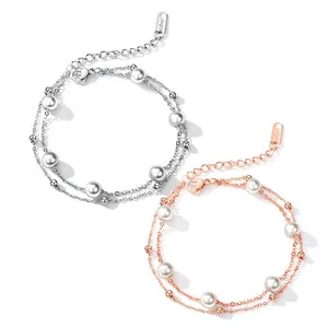 Simple Pearl Bracelet Rose Gold Plated Multi-Layer Accessories Women, Birthday Gift Stainless Steel Bracelet Accessories Women