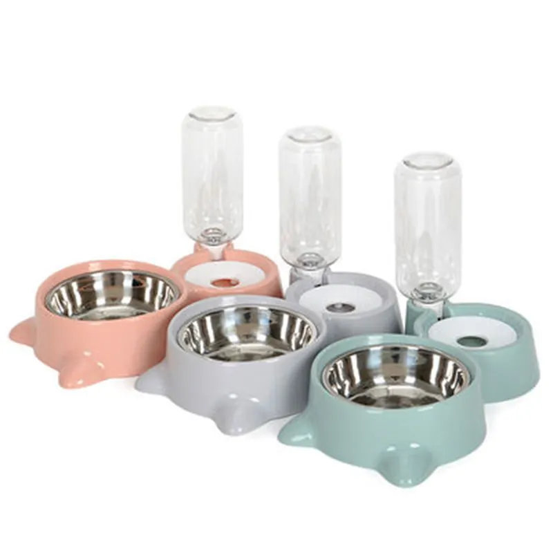 Cheap plastic dog bowl bottle pet feeding bowl automatic drinking feeder cats double bowls