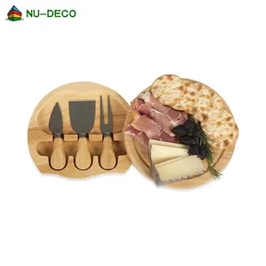 Papan Keju Bambu Mini Bulat Charcuterie dengan Alat