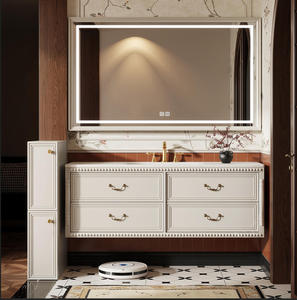 French freestanding bathroom vanity LED light strip storage <b>mirror</b> cabinet marble countertop - Product Image 4