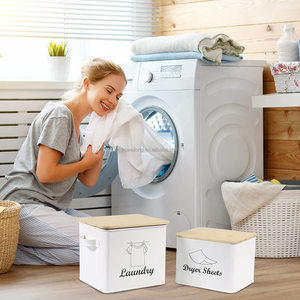 White Square Shape Metal Washing <strong>Powder</strong> Storage Tin Box <strong>Laundry</strong> <strong>Powder</strong> Detergent Canister <strong>Container</strong> with Bamboo Lid - Product Image 4