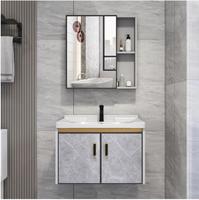 Meuble-lavabo mural Calacatta blanc en aluminium nid d'abeille avec finition dorée, miroir double porte, étagères latérales et cadre noir