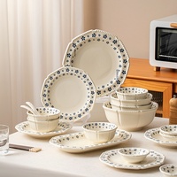 Offre Spéciale – Ensemble de vaisselle haut de gamme en céramique motif floral perlé rétro, bleu cerisier (bols à riz et assiettes)