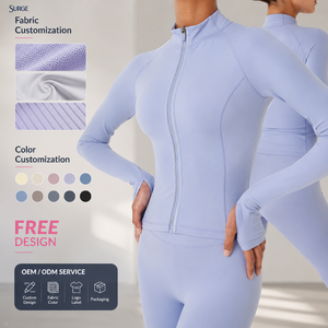 <span class=keywords><strong>Veste</strong></span> de yoga personnalisée en gros pour femme, en polyester et élasthanne, <span class=keywords><strong>bleu</strong></span> clair, col montant, fermeture éclair intégrale, manches longues, avec passe-pouces, coutures profilées, coupe ajustée - Product Image 1