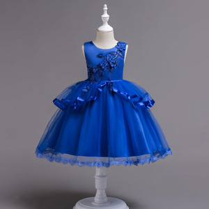 Children's Embroidered Ball Gown Dress Blue Tulle Sleeveless O-Neck Princess Wedding Dress For Flower Girls - Product Image 1