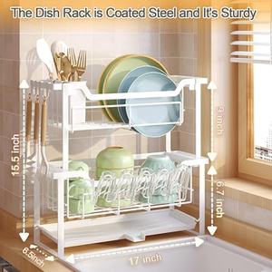 Escurridor de Platos Metálico de Dos Niveles Blanco para Cocina con Bandeja de Drenaje, Organizador de Fregadero para Espacios Estrechos - Product Image 2