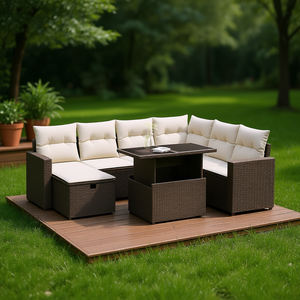 Brown <b>Rattan</b> Garden <b>Sofa</b> Set With Cushions 6 Seater Outdoor Furniture Contemporary Design - Product Image 2