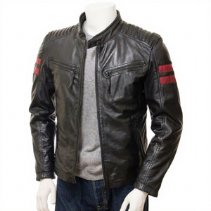 Chaqueta de Cuero Genuino Negra para Hombre, Estilo Motero, Cafe Racer, con Franja Roja de Carreras, Hombros Acolchados, Ropa Vintage Personalizada - Product Image 1