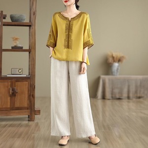 Women Cotton <b>Linen</b> Two Piece <b>Set</b> O Neck Embroidered Loose Fit Wide Leg Pants Breathable Leisure Wear - Product Image 2