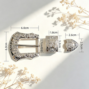 Boucle de ceinture western 27 mm en argent brillant gravée motif floral papillon, ensemble de 3 boucles à ardillon moulées sous pression pour accessoires de ceinture en cuir - Product Image 1