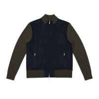 Jaket Rajut Pria Grosir Model Patchwork Full Zip Kerah Tegak Lengan Panjang Bahan Campuran Sweater Cardigan OEM ODM Outerwear