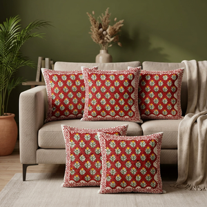 PRABHAVA Hand Block Bohemian Vintage Floral Cotton 400TC Washable Customizable <b>Throw</b> <b>Pillow</b> Cover 16x16 Square Zipper Decor - Product Image 2