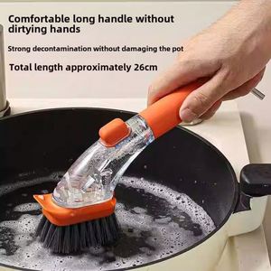 Cepillo de cocina multifuncional 2 en 1 de plástico, antiderrames, para limpiar ollas y platos, con dispensador de detergente a presión manual y mango largo - Product Image 4