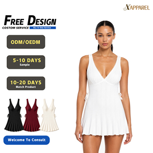Vestido Mini de Punto Acanalado con Cuello en V y Lazos Laterales para Mujer, con Dobladillo Ondulado y Ribete de Encaje, de Alta Calidad, con Logotipo Personalizado OEM ODM, Fabricante, MOQ50 - Product Image 1