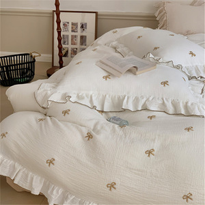 Ruffled Bow Embroidered Duvet Cover Set 100% Cotton Gauze Four-Piece <b>Bedding</b> Home Use - Product Image 4