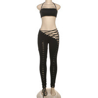 Ensemble Crop Top et Leggings Tendance Femme D7149 - Collection Automne 2025 - Ensemble Sexy Deux Pièces à Oeillets pour Femme