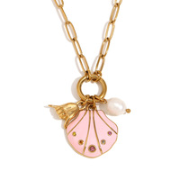Collar con Colgante de Concha de Perla y Circonita de la Serie Ocean, Collar de Acero Inoxidable con Esmalte Colorido Resistente al Agua con Baño PVD de 18K para Mujer