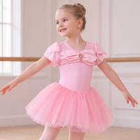 Robe tutu de ballet pour filles, manches courtes bouffantes, nœud en satin, strass, tulle scintillant, costume de danse princesse, justaucorps
