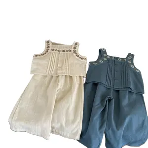 Children summer cotton linen floral tops shorts clothes set boutique kids girl ruffle dresses outfit baby girls clothing sets