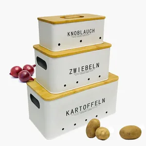 Set 3 Rectangle Metal Kitchen Vegetable Storage Bins Customized Pot Onions Garlic Air Circulation Potatoes Storage Box