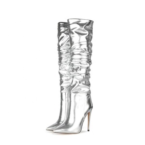 Oro Metallo di Disegno Superiore Delle Donne Sopra Il <span class=keywords><strong>Ginocchio</strong></span> di Alta Boot Coscia Alta Pile Up <span class=keywords><strong>Stivali</strong></span> per Le Donne Dello Stiletto Alti Talloni lunghi stivaletti - Product Image 3