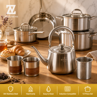 Batterie de cuisine Zhenneng 12 pièces en acier inoxydable 304 avec casserole, poêle, casserole à lait, bouilloire et tasses pour cuisinière à gaz et à induction
