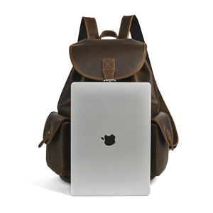 Crazy Horse Leather Retro <b>Backpack</b> Dark Brown <b>20L</b> Multi Function Leisure Travel Unisex Shoulder Strap Solid Color - Product Image 2