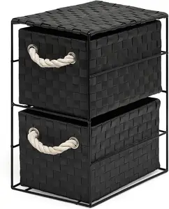 PP Woven Drawer Basket 2 Tiers Cabinet Storage Metal Frame Home Furniture