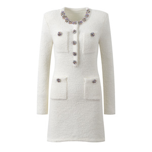 Nova Chegada Inverno 2026: Vestido Mini Feminino de Malha Elegante com Gola O, Manga Longa, Abotoamento Simples e Ajuste Slim com Strass - Product Image 1