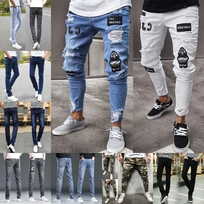 Erkek Slim Fit kot streç yırtık Skinny Jeans erkekler için, moda düz bacak konfor Flex bel rahat pantolon