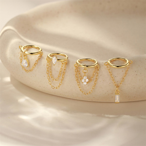 Anneau de nez articulé en argent sterling S925 avec pendentif goutte d'eau, marquise, rectangle, trèfle à quatre feuilles et chaîne à pampilles en zircon cubique - Product Image 1