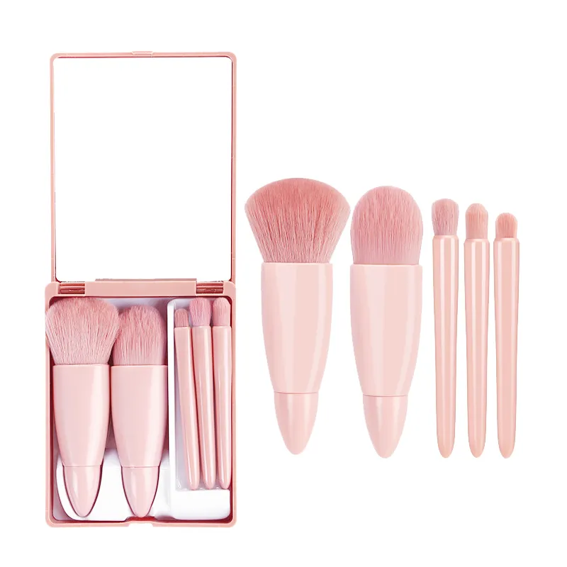 Portable Travel Mini Makeup Brushes 5Pcs Foundation Powder Blusher Brush Makeup Brush Set With Mirror