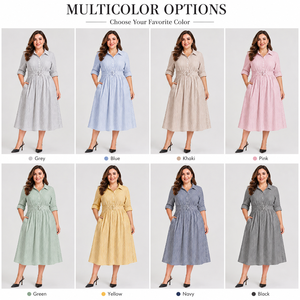 Nouvelle Arrivée 2026 Robe Chemise Rayée Grande Taille Col Rabattu Manches Trois-Quarts Ceinture à la Taille Coupe Évasée Longueur Midi - Product Image 2