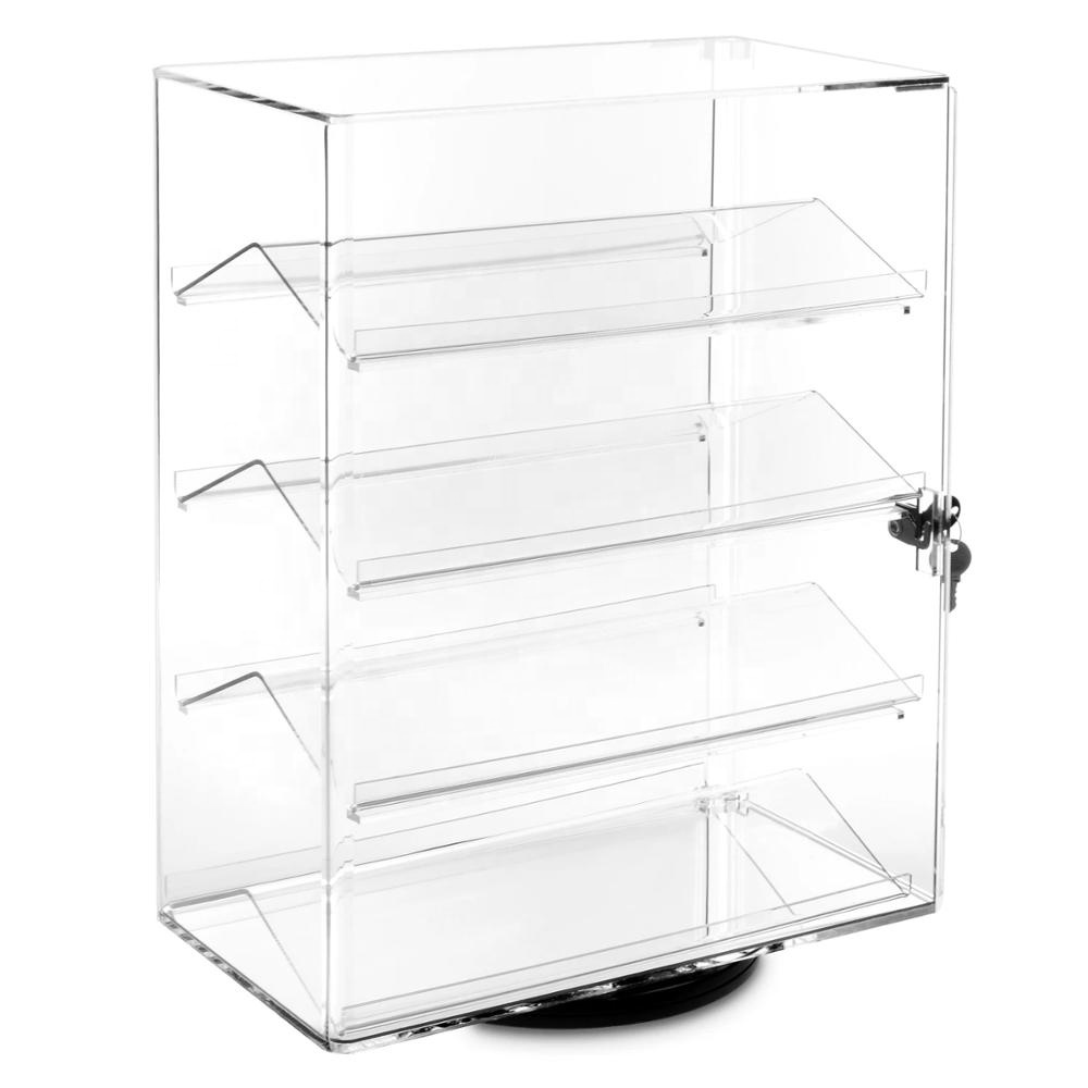 Afsluitbare Roterende Sieraden Displays Rack Case Vitrine Acryl Display Stand Box Met 4 Verwijderbare Planken