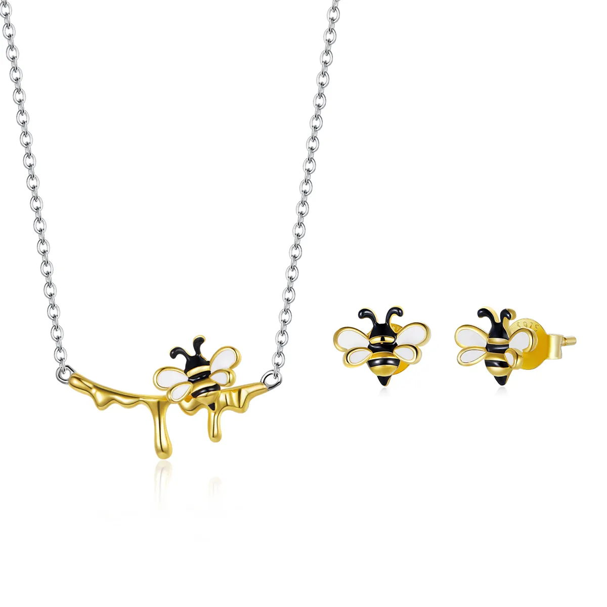 Fashion sterling silver S925 gold plated lovely bee pendant necklace insect bee earring jewelry set