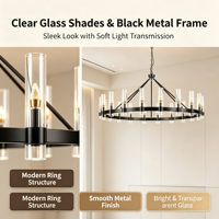 Grand lustre en forme de roue de chariot, 20 lumières, structure en métal noir, abat-jour en verre cylindrique transparent, luminaire suspendu rond de style moderne farmhouse